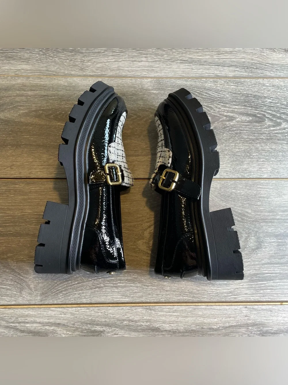 Circus NY Sam Edelman Black Patent Tweed Lug Sole T-Strap Loafers Women Sz 9.5